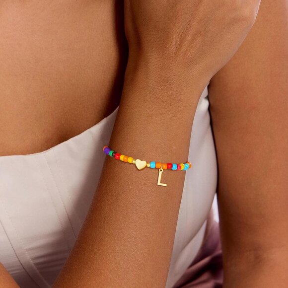 Personalized Colorful Initial Bracelet with Heart - 6" Stretchy Beaded Charm - Picture 2 of 7